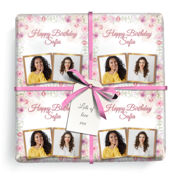 Personalised Birthday Wrapping Paper - Pink Flowers -  Add Text & 2 Photos