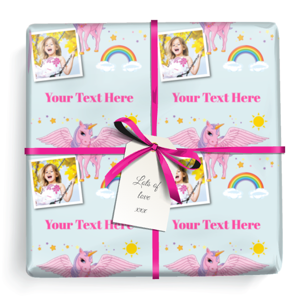 Personalised Birthday Wrapping Paper - Pink Unicorn - Add Text & 1 Photo