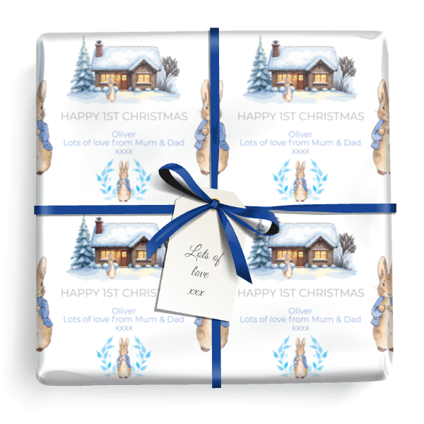 Personalised Christmas Wrapping Paper - Blue Rabbit - Add Text