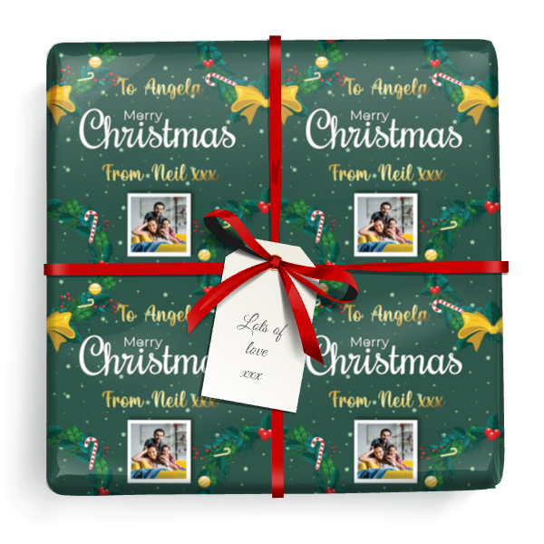 Personalised Christmas Wrapping Paper - Green Merry Christmas - Add Name & 1 Photo