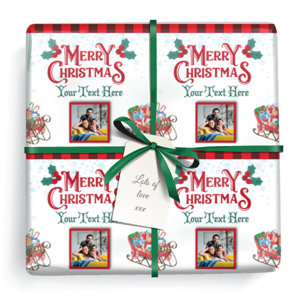Personalised Christmas Wrapping Paper - Holly & Sleigh - Add Text & 1 Photo