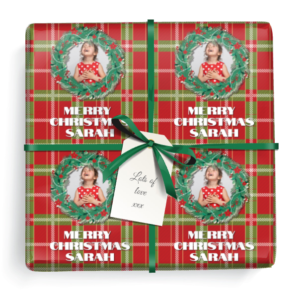 Personalised Christmas Wrapping Paper - Tartan & Wreath Design - Add Text & 1 Photo