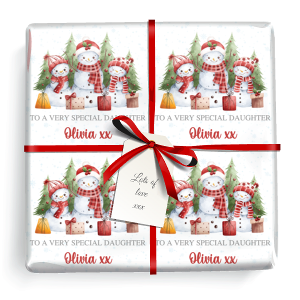 Personalised Christmas Wrapping Paper - Xmas Tree & Snowmen Red - Add Name