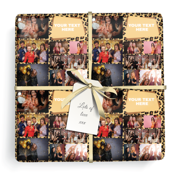 Personalised Party Wrapping Paper - Leopard Print Photo Collage - 8 Photos & Add Text