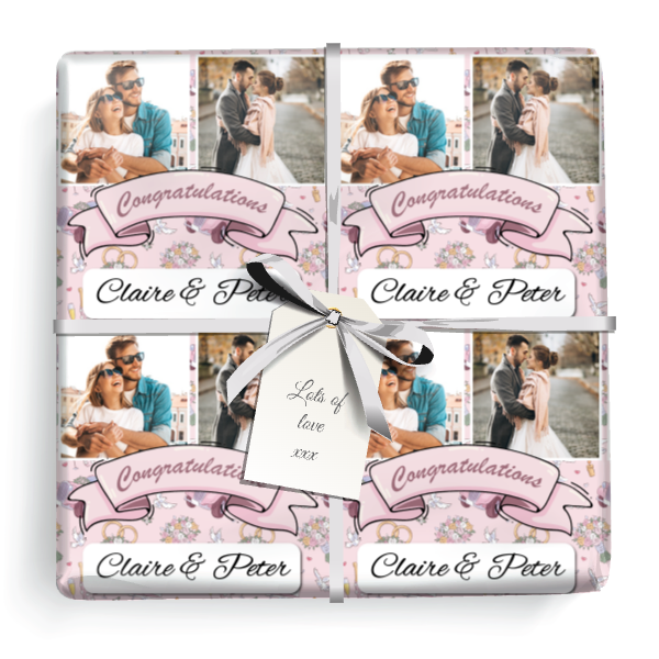 Personalised Wedding Wrapping Paper - Pink Floral - Upload 2 Photo & Add Names