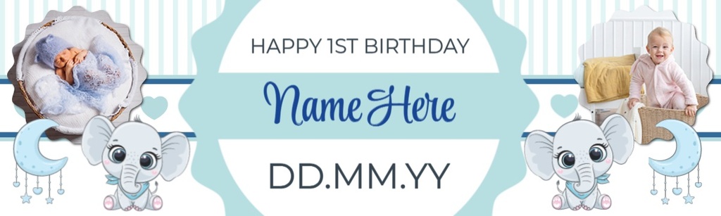 Personalised 1st 2nd 3rd Birthday Banner - Blue Elephant - Custom Text & 2 Photos