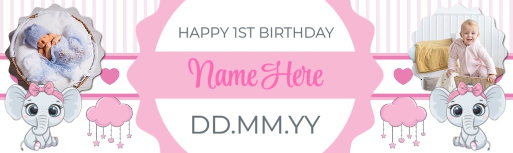 Personalised 1st 2nd 3rd Birthday Banner - Pink Elephant - Custom Text & 2 Photos