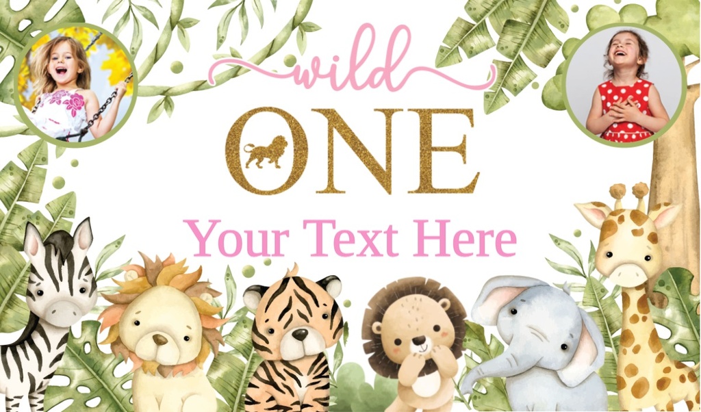Personalised 1st Birthday Backdrop Banner - Wild One Safari Banner - 2 Photos