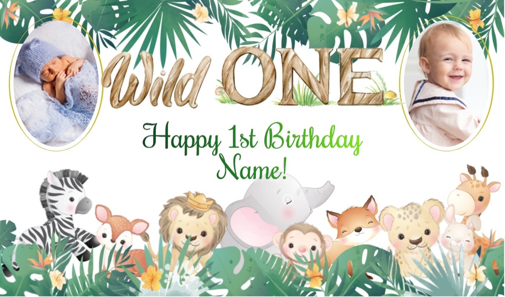 Personalised 1st Birthday Backdrop Banner - Wild One Safari Animals Banner - 2 Photo