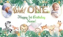 Personalised 1st Birthday Backdrop Banner - Wild One Safari Animals Banner - 2 Photo