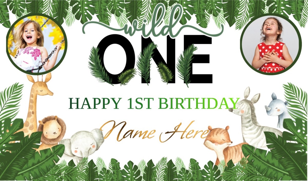 Personalised 1st Birthday Backdrop Banner - Wild One Safari Friends Banner - 2 Photos