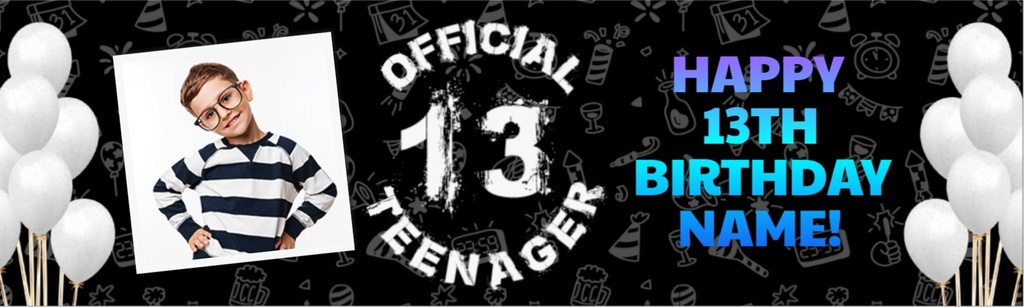 Personalised 13th Birthday Banner - Black & White Balloons - Add Text & 1 Photo