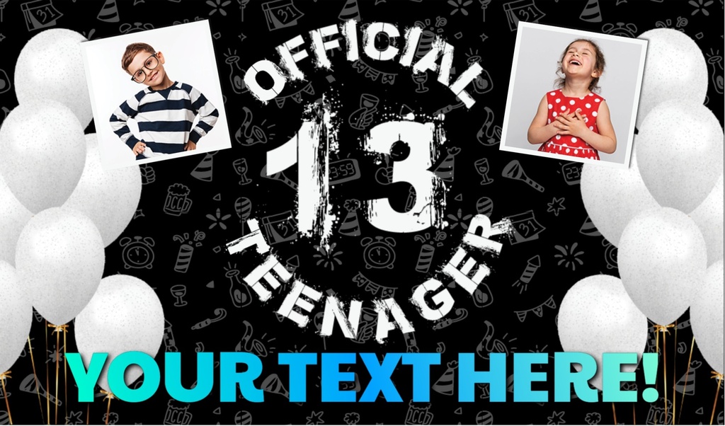 Personalised 13th Birthday Backdrop Banner - Black & White Balloons - Add Text & 2 Photos