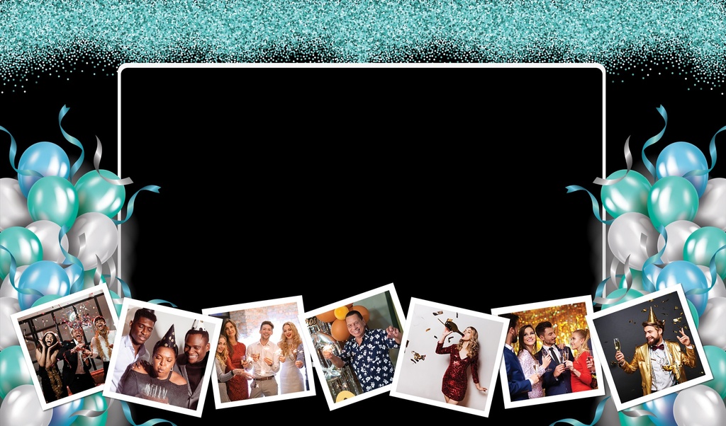 Personalised Birthday Backdrop Banner - Black & Blue Balloons - Add Text & 7 Photos