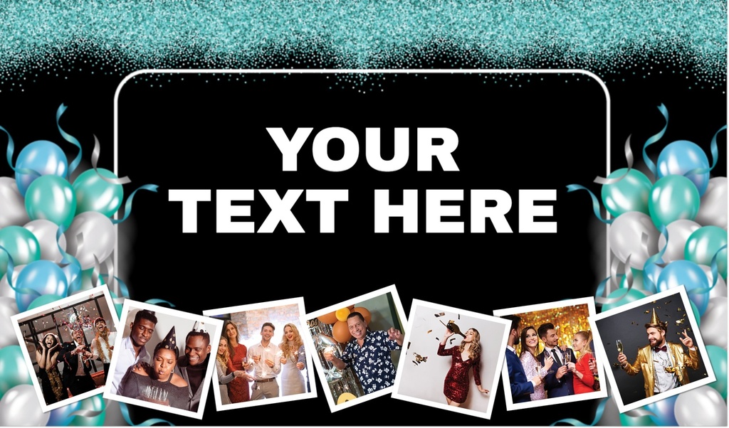 Personalised Birthday Backdrop Banner - Black & Blue Balloons - Add Text & 7 Photos