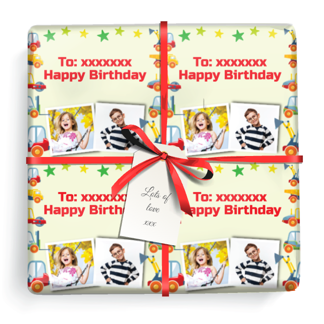 Personalised Birthday Wrapping Paper -  Red & Yellow Diggers - Add Text & 2 Photos