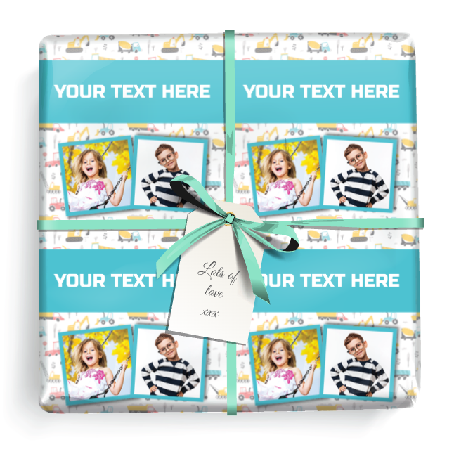 Personalised Birthday Wrapping Paper - Diggers & Trucks -  Add Text & 2 Photos