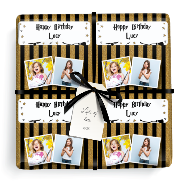 Personalised Birthday Wrapping Paper - Gold Wizard Witch -  Add Text & 2 Photos