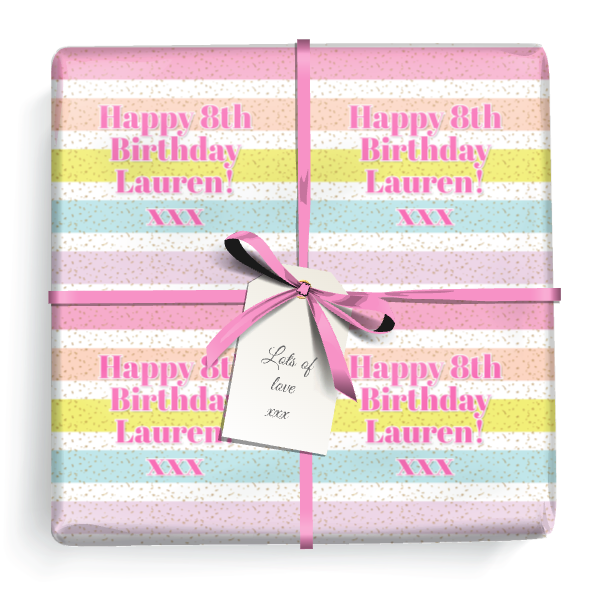 Personalised Birthday Wrapping Paper - Pink Rainbow Stripe - Add Text