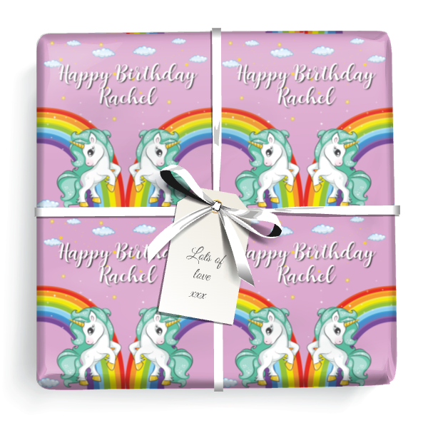 Personalised Birthday Wrapping Paper - Pink Rainbow Unicorn - Add Text