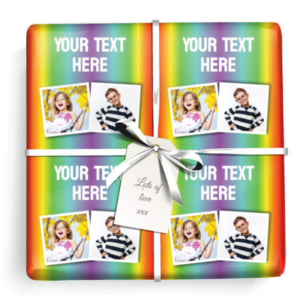 Personalised Birthday Wrapping Paper - Red Rainbow Stripe - 2 Photos & Text