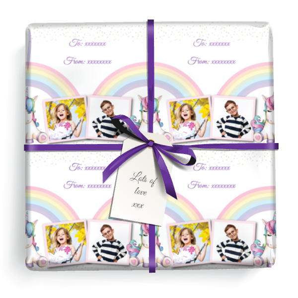Personalised Birthday Wrapping Paper - Unicorn on Rainbow - Add Text & 2 Photos