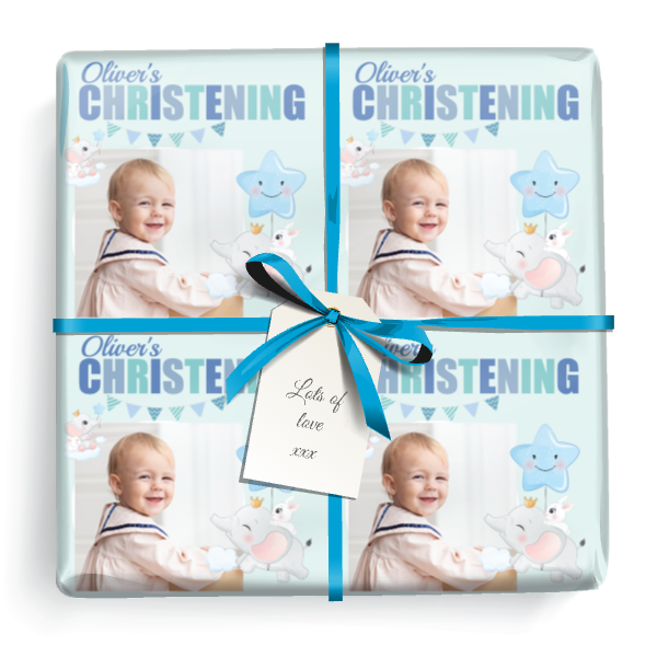 Personalised Christening Wrapping Paper -  Blue Elephant - 1 Photo & Add Name