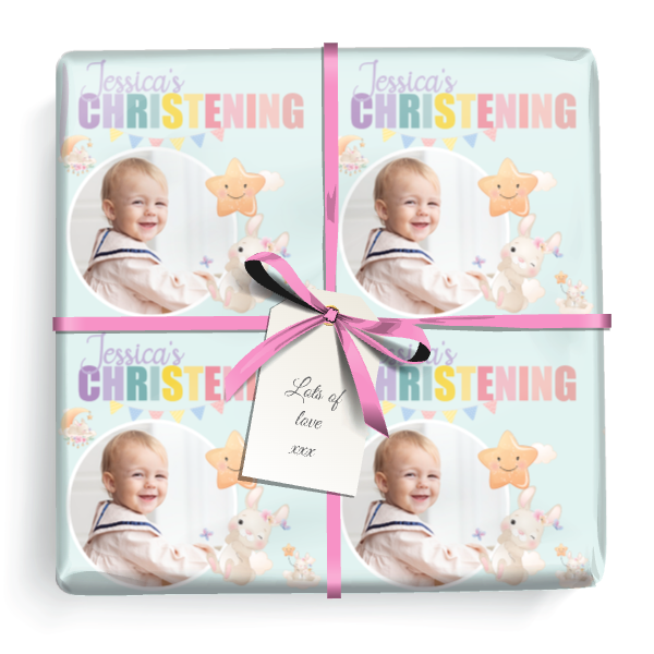 Personalised Christening Wrapping Paper -  Bunny Rabbit - 1 Photo & Add Name