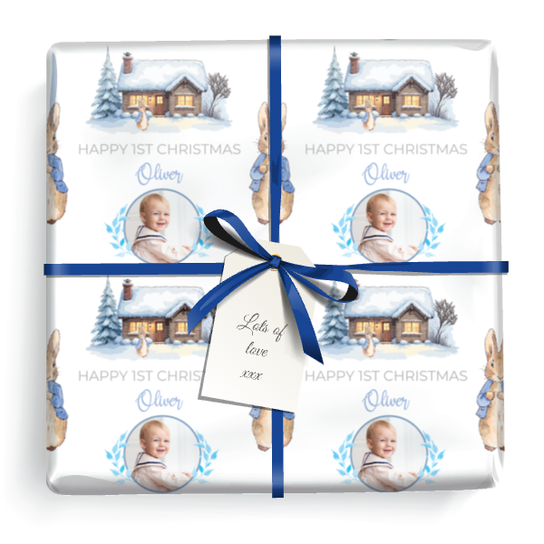Personalised Christmas Wrapping Paper - Blue Rabbit - Add Text & 1 Photo