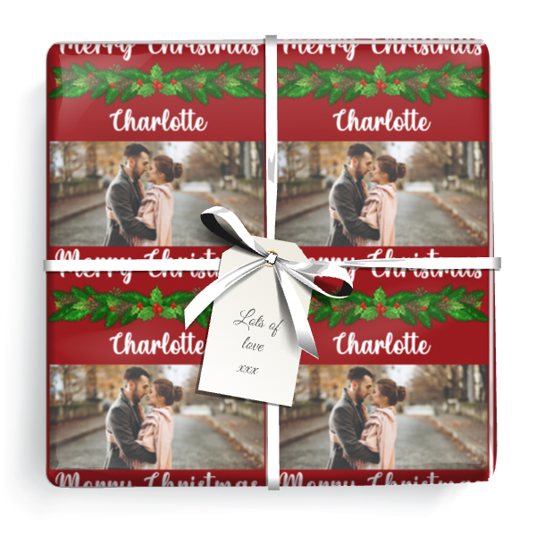 Personalised Christmas Wrapping Paper - Merry Christmas Holly - 1 Photo & Name
