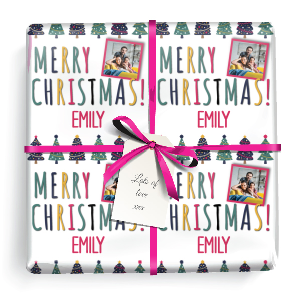 Personalised Christmas Wrapping Paper - Pink Blue Green Trees - Add Name & 1 Photo