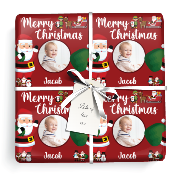 Personalised Christmas Wrapping Paper - Red Santa & Friends - Upload 1 Photo
