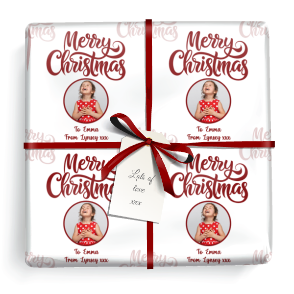 Personalised Christmas Wrapping Paper - Red Merry Christmas - Add Name & 1 Photo
