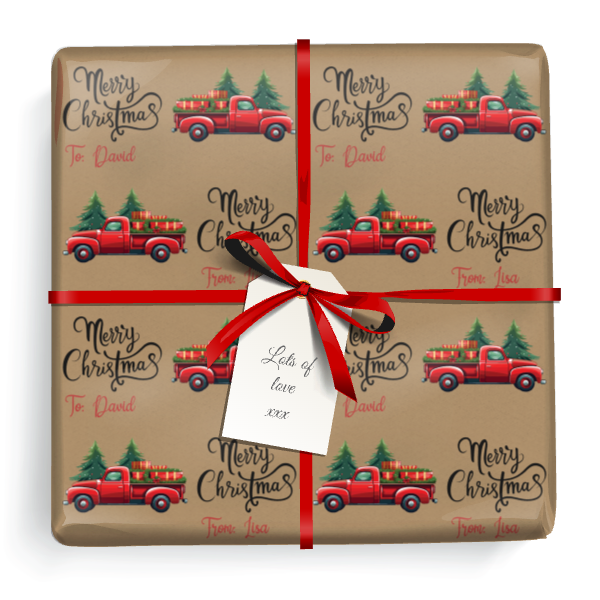 Personalised Christmas Wrapping Paper - Vintage Red Truck & Tree - Add Name