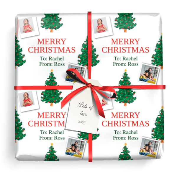 Personalised Christmas Wrapping Paper - Xmas Tree Red & Green - Add Name & 1 Photo