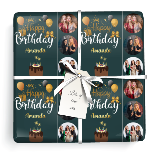 Personalised Party Wrapping Paper - Green & Gold Happy Birthday - Upload 3 Photos & Add Name