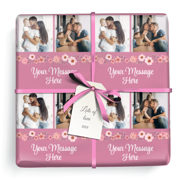 Personalised Photo Wrapping Paper - Pink Floral -  Upload 2 Photos & Add Text