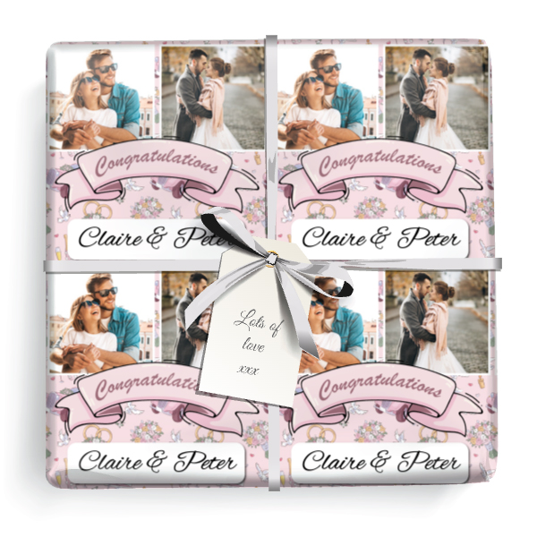 Personalised Wedding Wrapping Paper - Pink Floral - Upload 2 Photo & Add Names