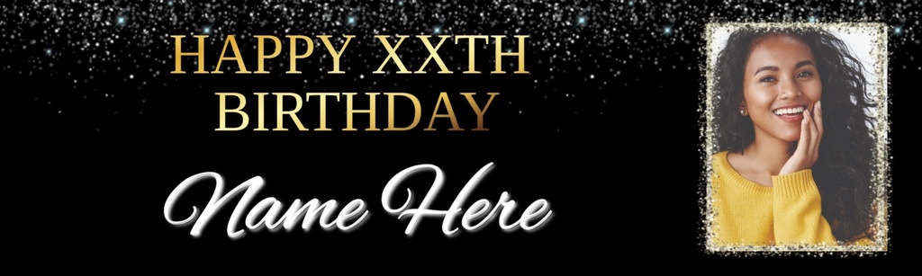 Personalised Teen Party Banner - Black & Gold - Custom Text & 1 Photo