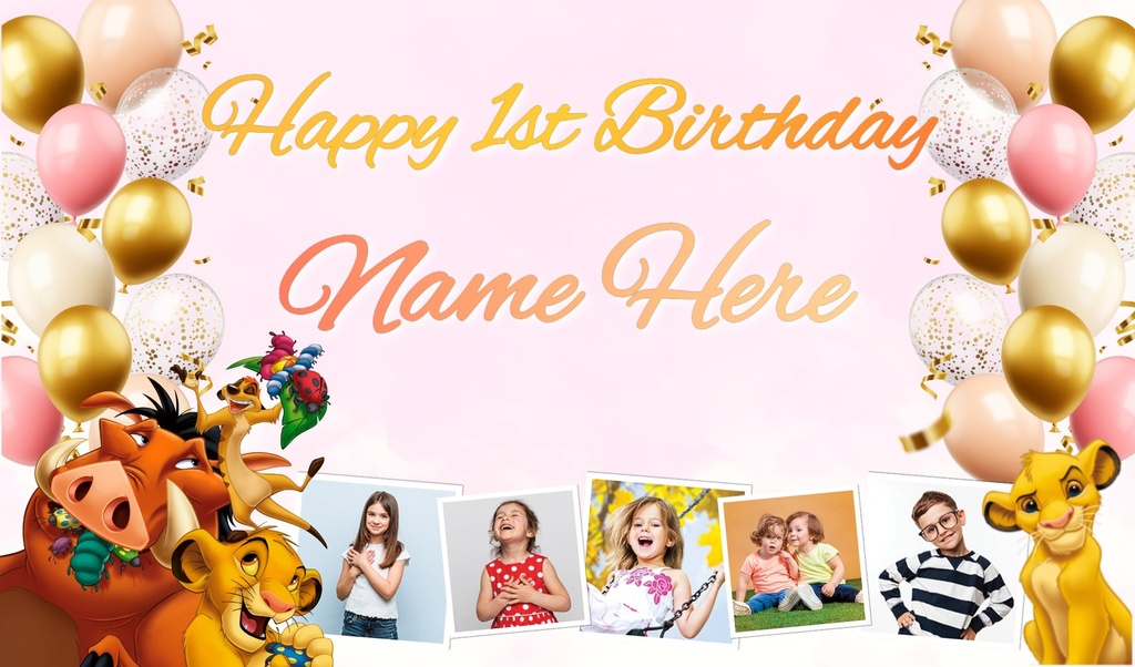 Personalised Birthday Backdrop Banner - Lion King Pink Balloons - Add Text & 5 Photos