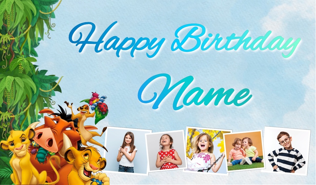 Personalised Birthday Backdrop Banner - Lion King Blue - Add Text & 5 Photos
