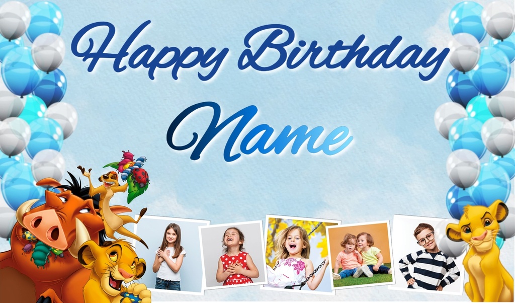 Personalised Birthday Backdrop Banner - Lion King Blue Balloons - Add Text & 5 Photos