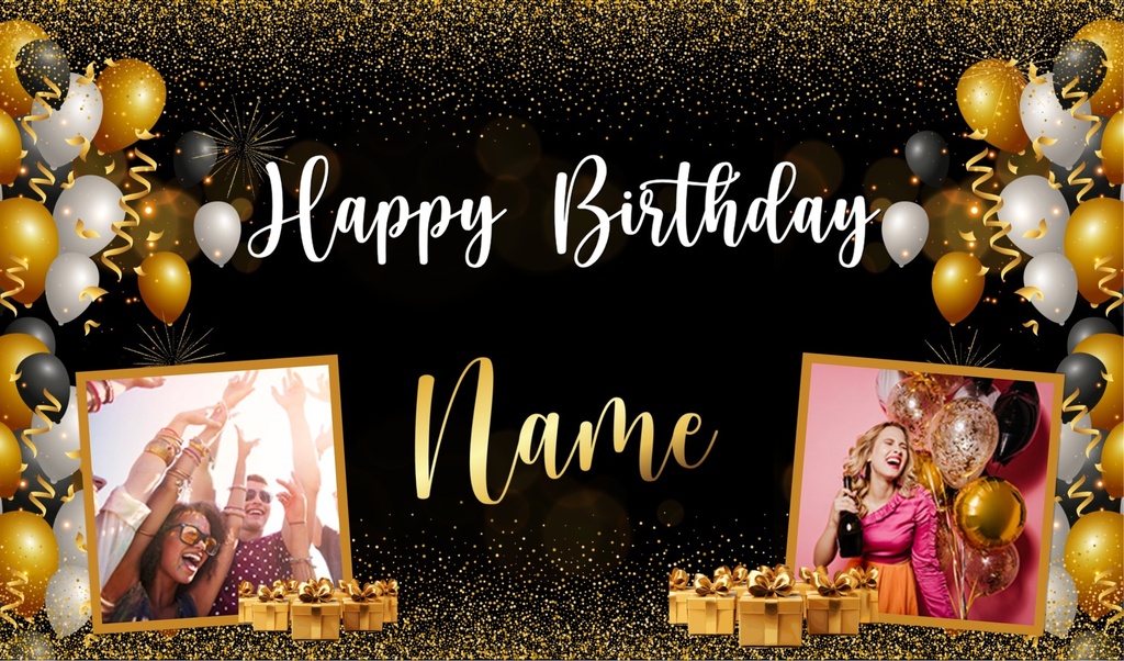 Personalised Backdrop Party Banner - Black & Gold Balloons - Add Text & 2 Photos