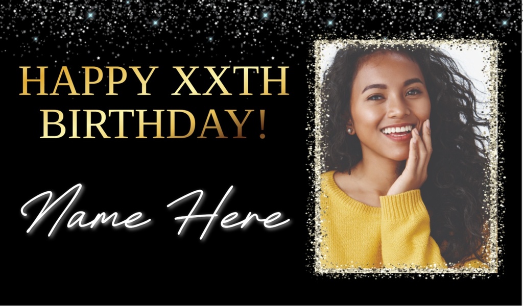 Personalised Teen Backdrop Banner - Black & Gold - Custom Text & 1 Photo
