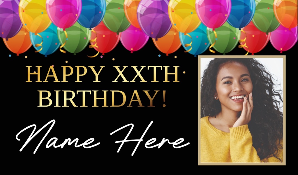Personalised Birthday Backdrop Banner - Black & Bright Balloons- Custom Text & 1 Photo