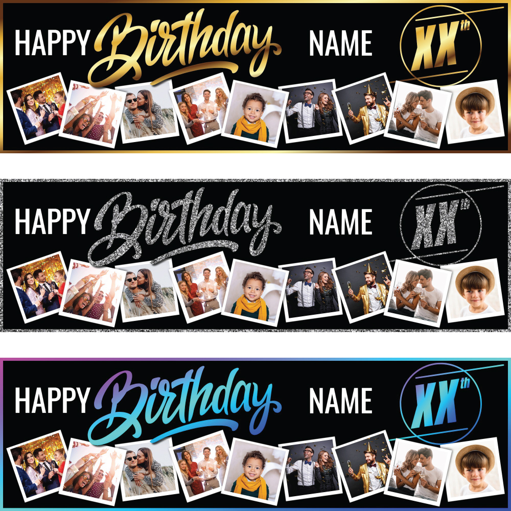 Personalised Happy Birthday Banner - Custom Name, Photos, Age & Colour - 13th, 16th, 18th, 21st, 30th, 40th, 50th, 60th, 70th, 80th