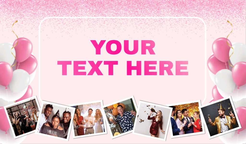 Personalised Birthday Backdrop Banner - Pink & white Balloons - Add Text & 7 Photos