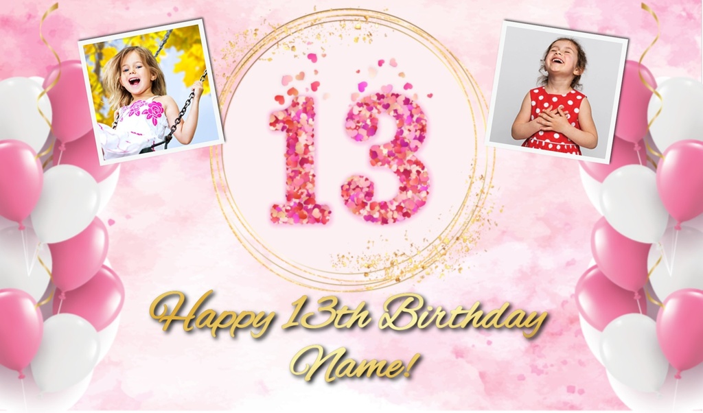 Personalised 13th Birthday Backdrop Banner - Pink & white Balloons