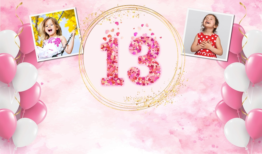 Personalised 13th Birthday Backdrop Banner - Pink & white Balloons