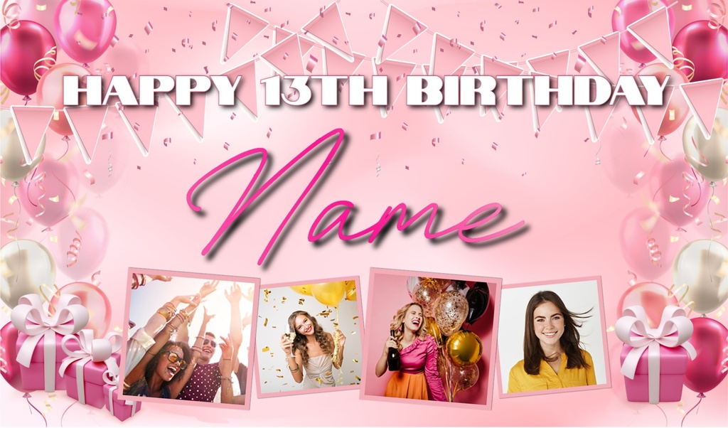 Personalised Birthday Backdrop Banner - Pink - Add Text & 4 Photos